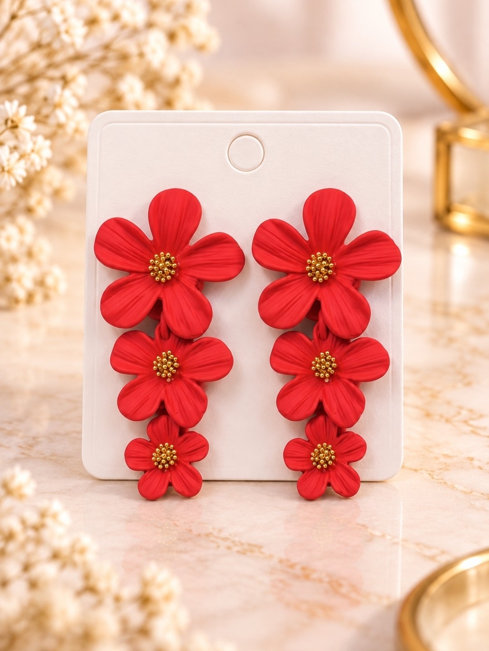 Red Floral Drop Earrings - Women Jewelry